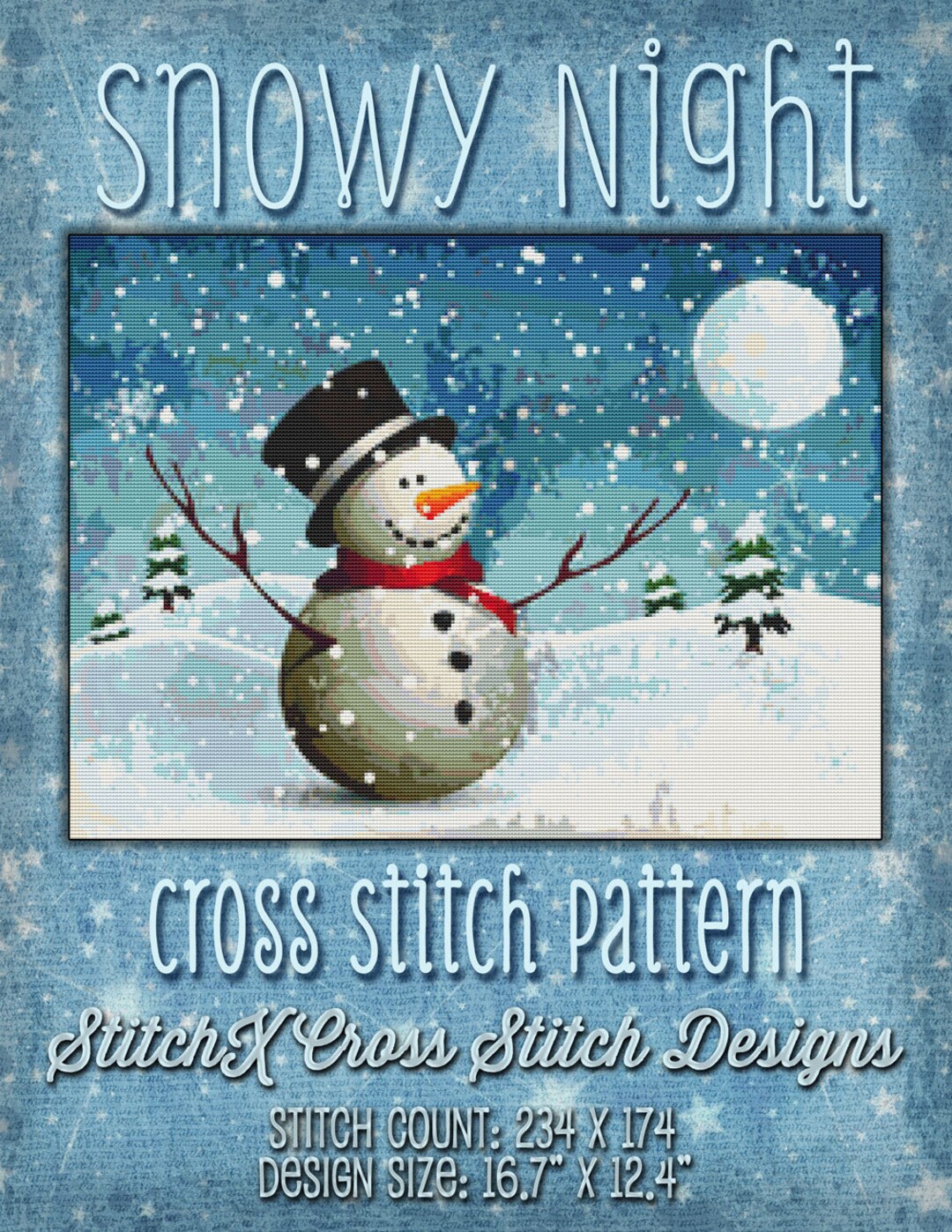 Cross Stitch Pattern Snowy Night Snowman Winter Design Instant Download ...