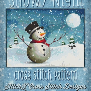 Cross Stitch Pattern Snowy Night Snowman Winter Design Instant Download PdF