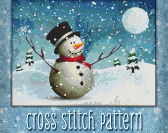 Cross Stitch Pattern Snowy Night Snowman Winter Design Instant Download PdF