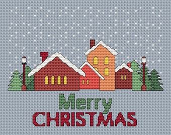Christmas Village Cross Stitch Pattern Fun Modern Design for Holiday Season Instant Download pdf - Santa Christmas Winter Seasons