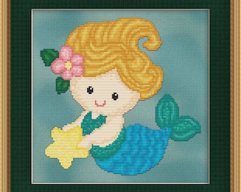 Cross Stitch Pattern Sweet Little Mermaid Design Instant Télécharger PdF Cute Aquatic Fantasy Design