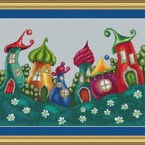Enchanted Village Cross Stitch Pattern Beautiful Modern Design Instant Download PdF Pattern Cute Whimsical Town