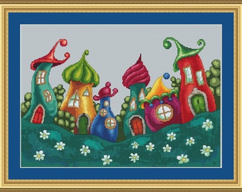 Enchanted Village Cross Stitch Pattern Beautiful Modern Design Instant Download PdF Pattern Cute Whimsical Town