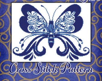Elegant Butterfly Cross Stitch Pattern 3 StitchX Instant Download Pdf Blue Monochromatic Bug Design