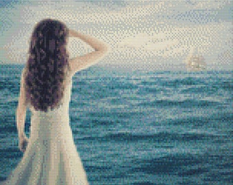 Cross Stitch Pattern - Woman Watching a Ship - Instant Download PDF