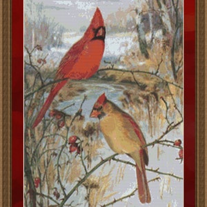 Cross Stitch Pattern Cardinals Red Bird Design Instant Download PdF Winter Bird Cross Stitch