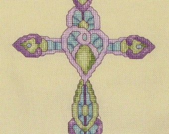 Cross Stitch Pattern Ornate Cross No. 2 Teal, Purple, Blue Instant Download PdF