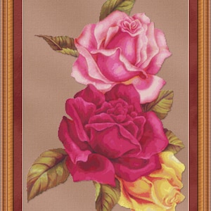 Cross Stitch Pattern Rose Trio (Large) Red, Pink, Yellow Roses Instant Download PdF