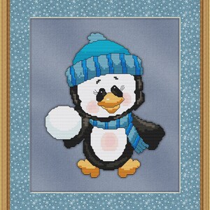 Cross Stitch Pattern Penguin Snowball Toss Instant Download PdF Winter Snow