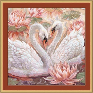 Swan Cross Stitch Pattern Romantic Water Lily Design Embroidery Craft Kit DIY Home Decor Gift for Her Nature Lovers Needlepoint Art