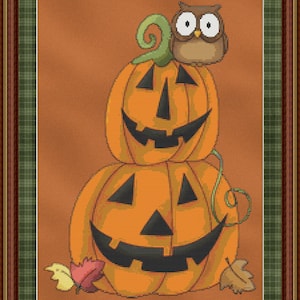 ounted Cross Stitch Pattern Hoot Owl Halloween Instant Download PdF Cute Primitive Pumpkin Jack-o-Lantern Design