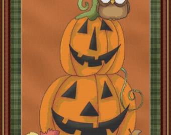 ounted Cross Stitch Pattern Hoot Owl Halloween Instant Download PdF Cute Primitive Pumpkin Jack-o-Lantern Design