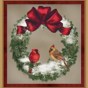 Cross Stitch Pattern Bird Wreath Holiday Christmas Winter Design Instant Download PdF