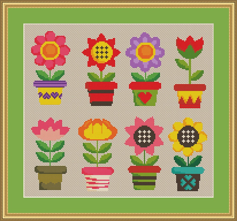 Counted Cross Stitch Designs Fun Flowers Eight Colorful Etsy España