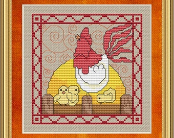 Cross Stitch Pattern Early to Rise Rooster Chickens Sunrise Farm Animals Instant Download PdF