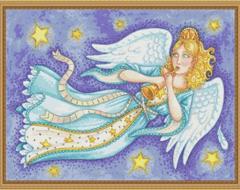 Cross Stitch Pattern Star Song Angel Cherub Holiday Christmas Winter Design Instant Download pdf