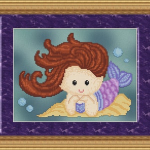 Cross Stitch Pattern Sweet Little Mermaid #2 Design Instant Download PdF Cute Aquatic Fantasy Design