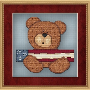 Cross Stitch Pattern Patriotic Bear with Flag Instant Download PdF July Holidays Americana Primitive