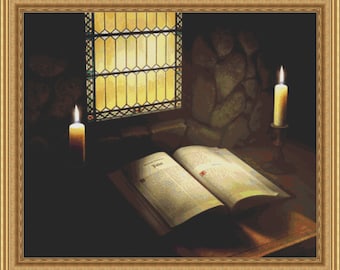 The Book Bible in Candlelight Cross in Clouds Cross Stitch Pattern -Instant Download pdf