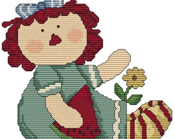 Summertime Annie with Watermelon Cross Stitch Pattern Raggedy Ann Design Primitive Old Time pdf