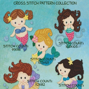 Sweet Little Mermaids Counted Cross Stitch Pattern Collection - 5 XStitch Designs - Instant Download PdF - StitchX Cute Aquatic Fantasy