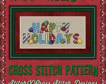 SALE Save 40% Reg. 4.95 Cross Stitch Pattern Happy Holidays Design Instant Download PdF Christmas Words Cute Quick Stitch Pattern