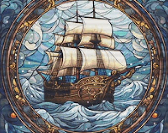 Stained Glass Ship 3 Cross Stitch Pattern Instant Download PDF