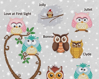 Counted Cross Stitch Pattern More Hoot Owls Collection Super Cute Owl Designs Instant Download PdF - StitchX - Pink Aqua Santa Love