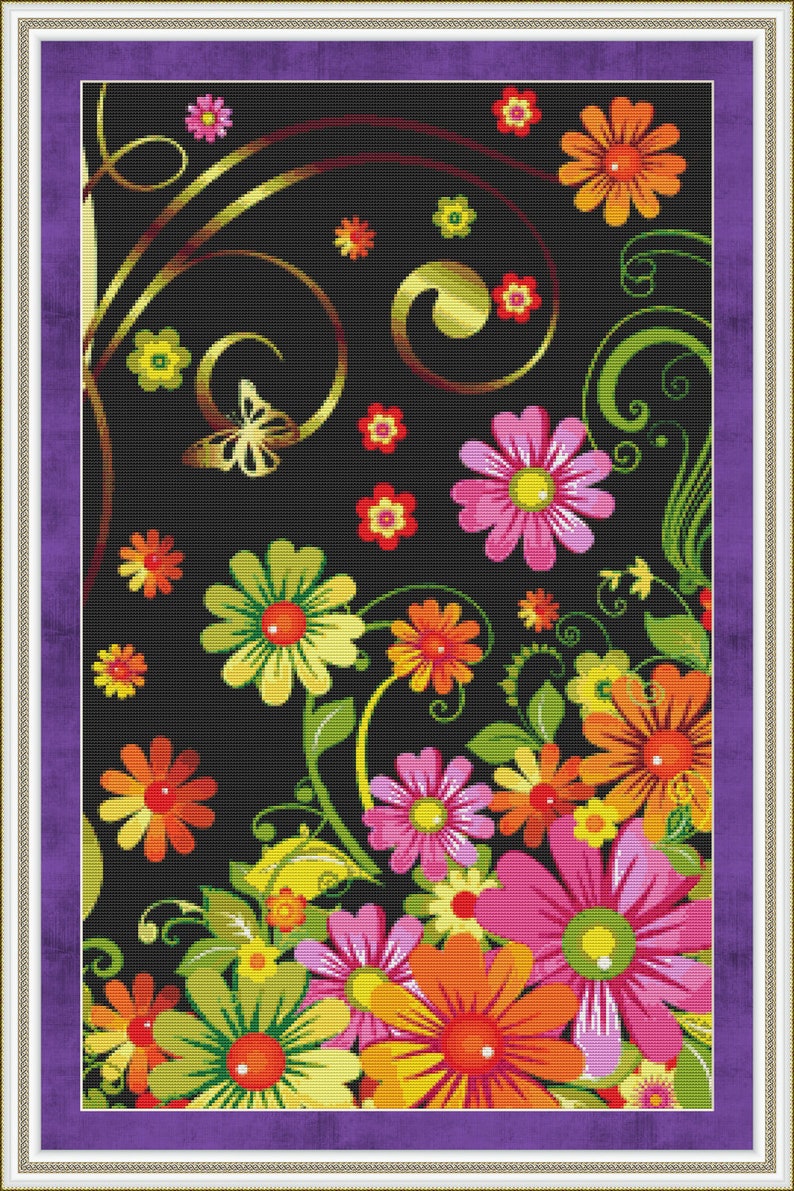 Cross Stitch Pattern Summer Garden Bold Vivid Flowers on Black Instant Download PdF image 1