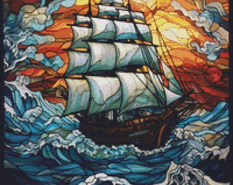 Stained Glass Ship 1 Cross Stitch Pattern Instant Download PDF