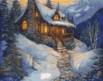 ファンタジー山小屋の夜 1 クロスステッチ パターン デジタル