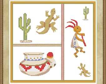 Cross Stitch Pattern Southwestern Sampler Instant Download PdF Cactus Gecko Lizard Pottery Desert Motifs