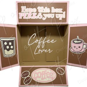 May include: A brown cardboard shipping box with open flaps featuring pink and brown graphics. The top flap reads Hope this box PERKS you up! The interior back panel says Coffee Lover. The side flaps show a cold drink and a pink coffee mug.