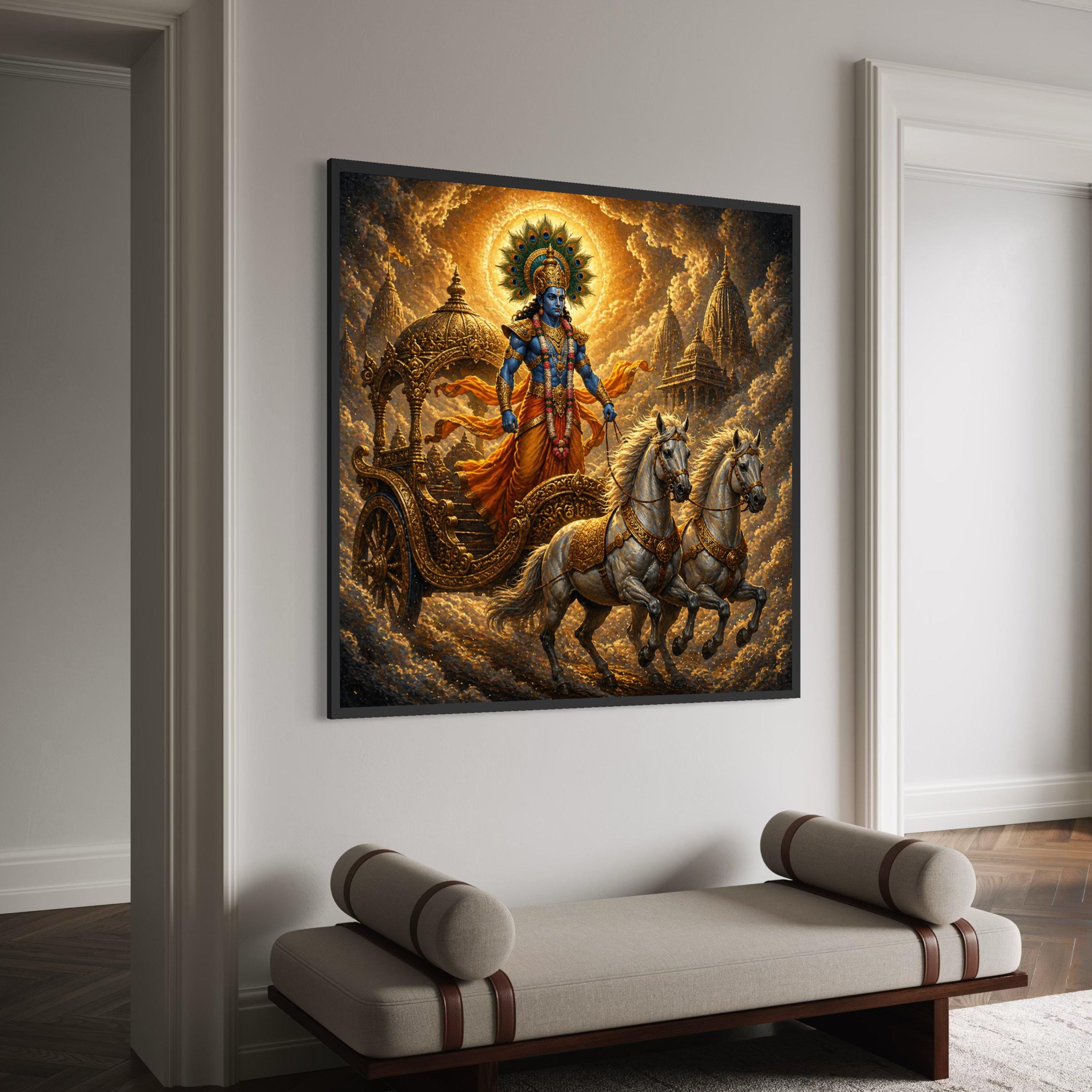 Lord Krishna Chariot Scene Canvas, Mythological Hindu Art, Spiritual Wall Decor, Indian Epic Canvas, Ready to Hang Home Canvas Print Art