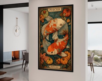 Quadro con pesci koi del segno zodiacale dei Pesci, foglie autunnali, segno zodiacale su tela, decorazione per la casa, stampa su tela con illustrazione di pesci koi