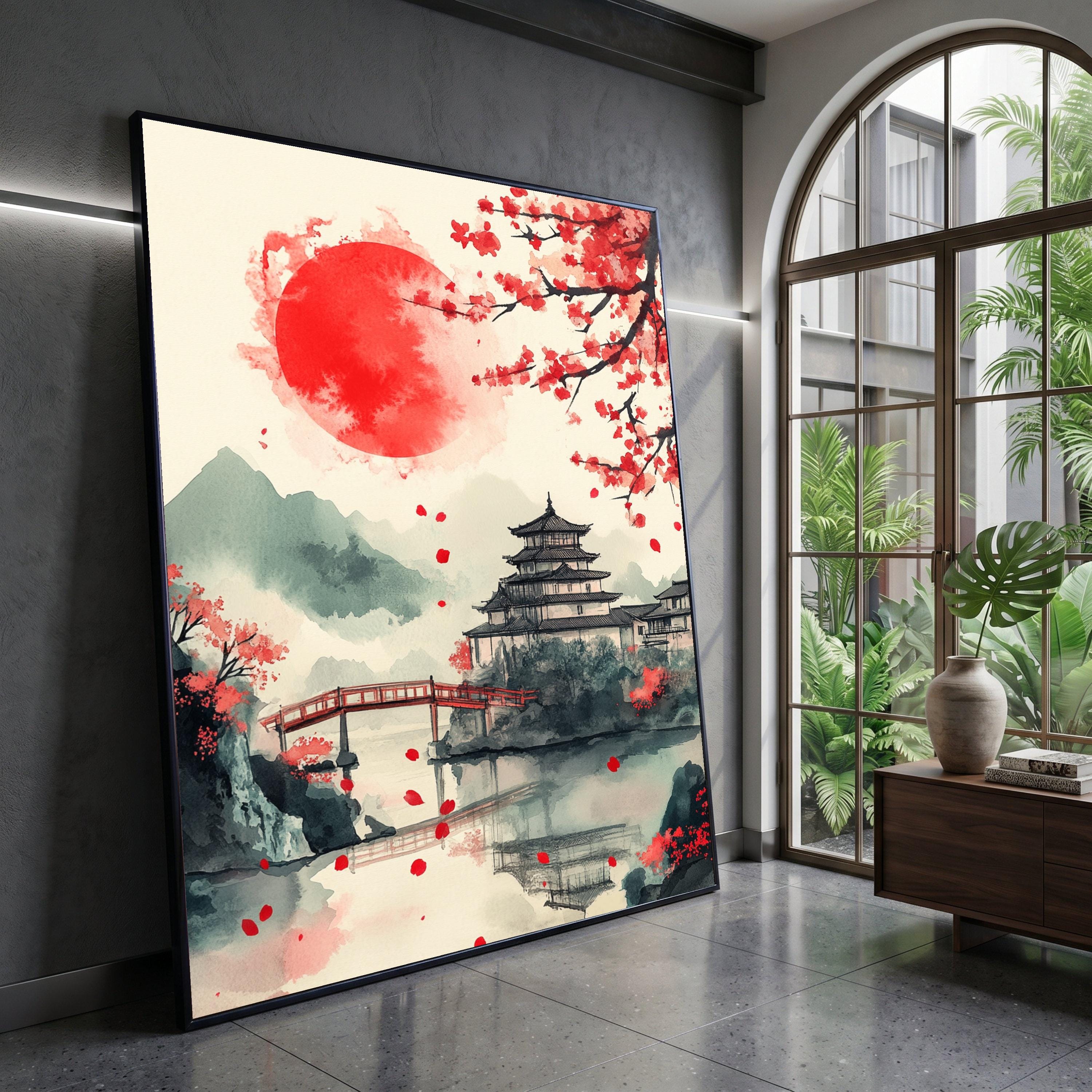 Japanese Cherry Blossom Canvas, Red Sun Landscape, Traditional Pagoda Wall Art, Asian Bridge Scene, Water Reflection Decor Canvas Print Art