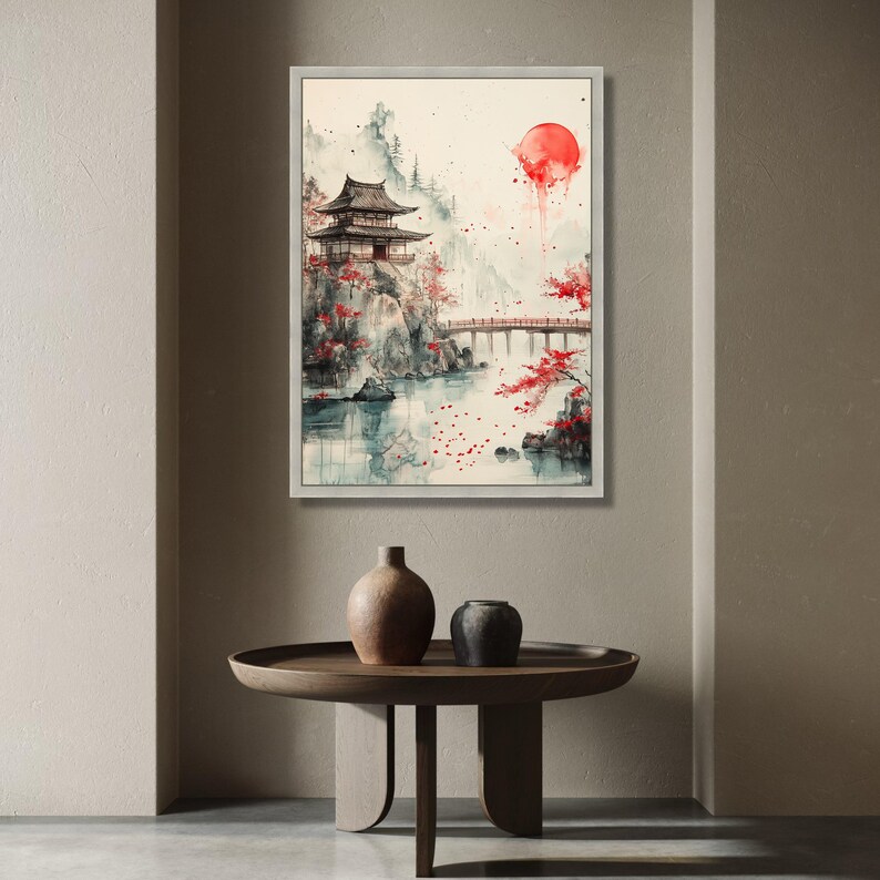 Tranquil Japanese Temple Canvas, Mountain Landscape Wall Art, Red Sun ...
