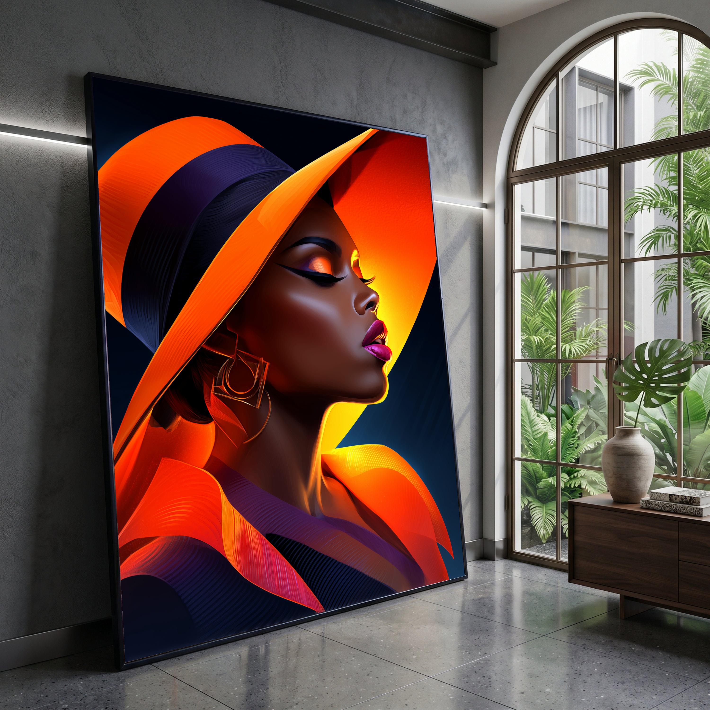 Elegant Woman Orange Hat Canvas, Modern Fashion Portrait Wall Art, Glamorous Female Profile, Chic Home Decoration Canvas Canvas Print Art