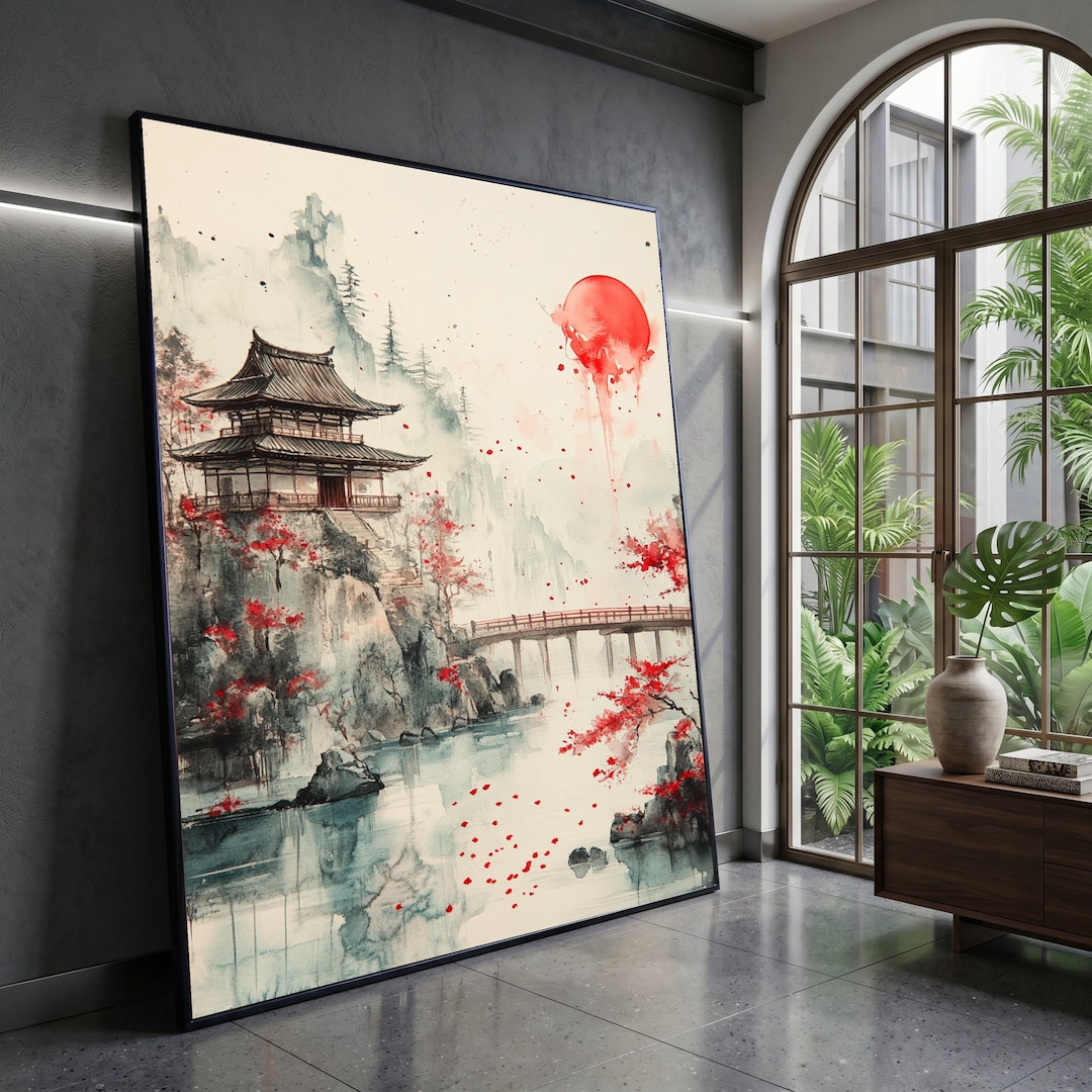 Tranquil Japanese Temple Canvas, Mountain Landscape Wall Art, Red Sun ...