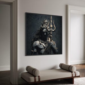 May include: A framed artwork depicting a deity holding a trident. The image has a dark colour palette with gold accents on the trident and jewellery. The figure has long hair and is adorned with intricate details, creating a striking visual. The artwork is displayed in a modern interior.