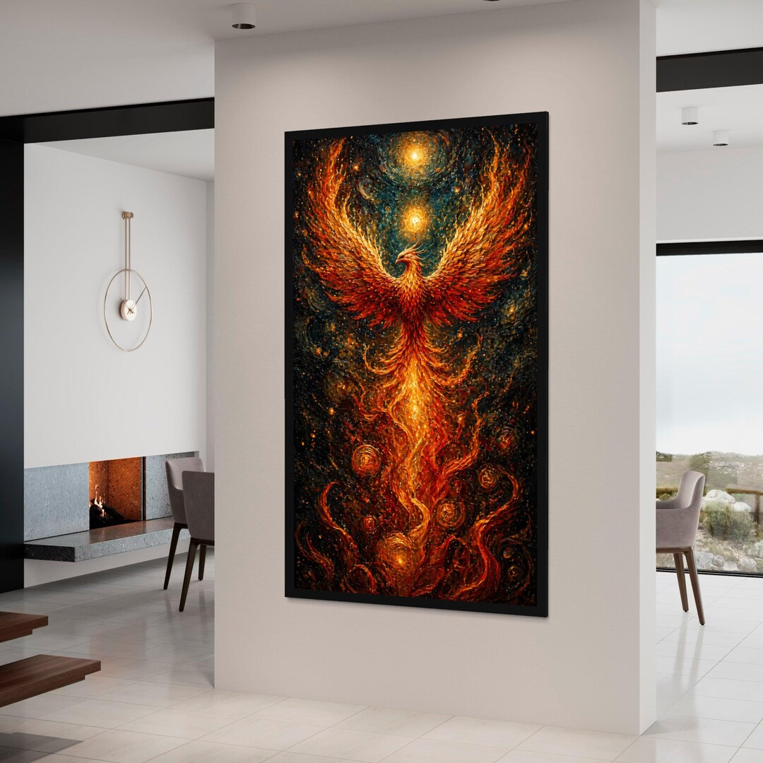 Fiery Phoenix Rising Canvas Wall Art, Mythical Bird Flame Design ...
