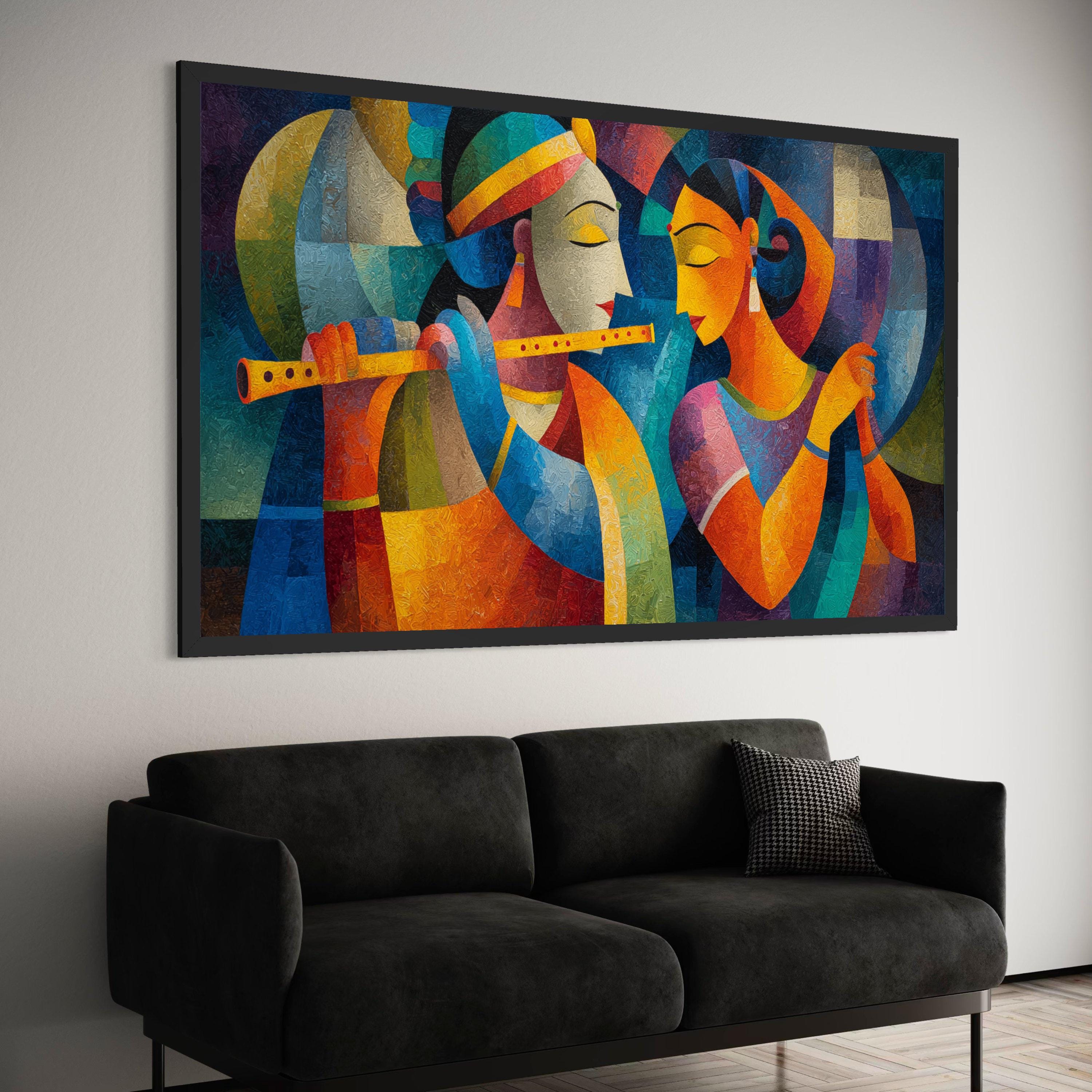 Indian Classical Music Duo Canvas, Krishna and Radha Flute Painting, Vibrant Cultural Wall Art, Colorful Modern Art Canvas, Canvas Print Art