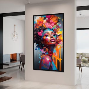 Vibrant Woman Portrait Canvas, Colorful Floral Headpiece, Abstract Face Art, Modern Wall Decor, Feminine Expression Canvas Canvas Print Art
