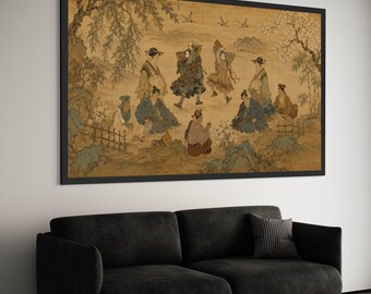 May include: A framed print of an Asian-inspired painting. The artwork depicts figures in traditional clothing in a landscape setting. The color palette includes earth tones, with details of trees, mountains, and birds. The frame is black.