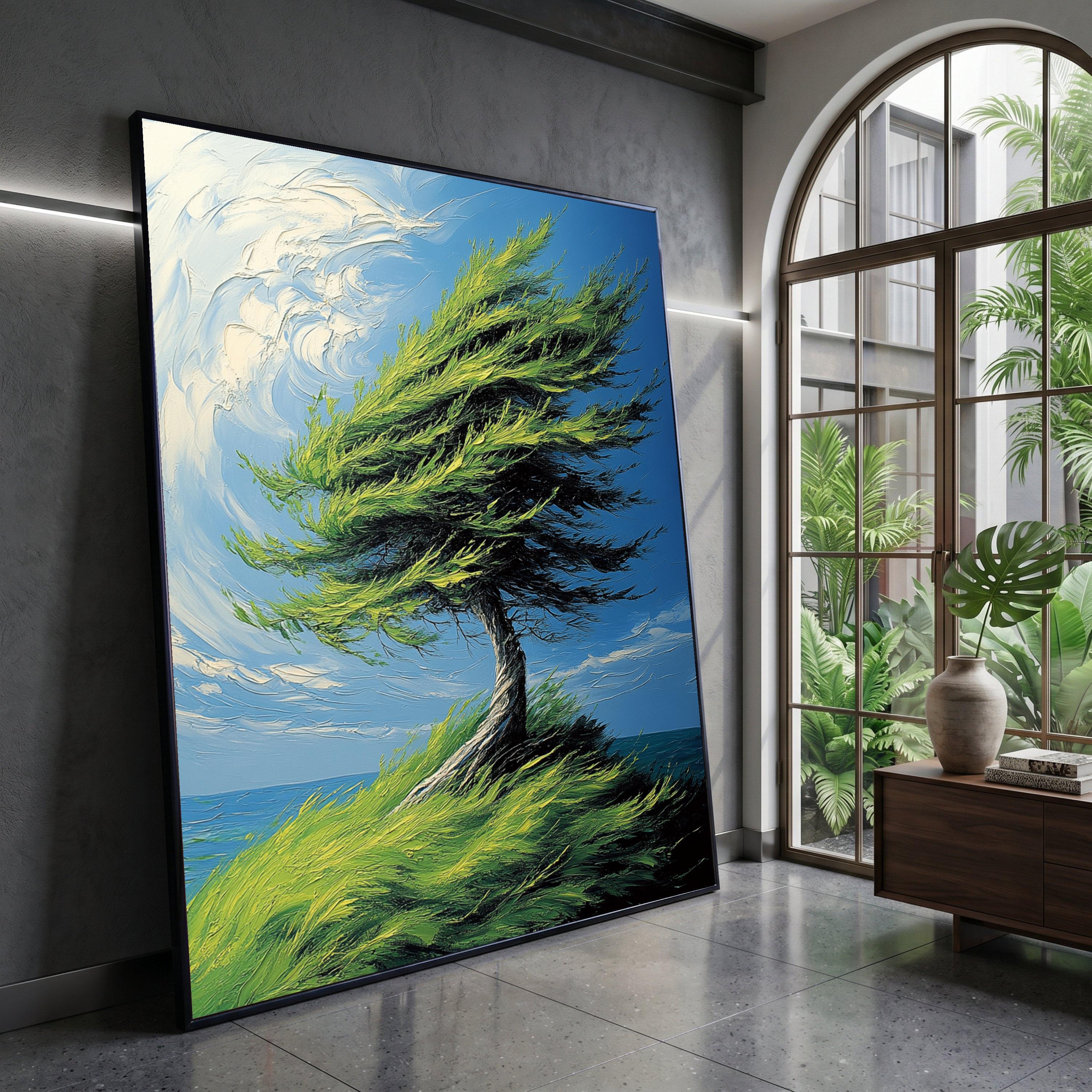 Windswept Tree Canvas Wall Art, Coastal Landscape Painting, Nature