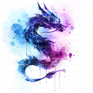 Könnte beinhalten: Eine Aquarellillustration eines Drachen in Blau- und Lilatönen. Der Drache ist mit komplizierten Details dargestellt, vor einem Hintergrund aus Farbspritzern. Der Text "DHDigitalArtPrints" wiederholt sich über das Bild.