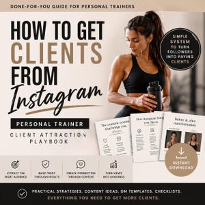 May include: A promotional image for personal trainers, featuring a woman holding a shaker bottle. The text reads "How to Get Clients From Instagram" and "Client Attraction Playbook." The image includes graphics and text about attracting an audience and turning followers into clients.