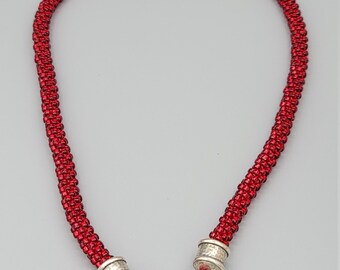 Kumihimo Red Beaded Necklace with Silver and crystals -