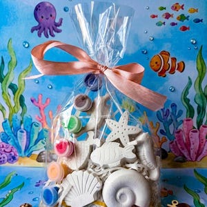 May include: A clear plastic gift bag tied with a peach ribbon containing white plaster sea-themed shapes including a starfish, fish, seashell, and seahorse, along with a small strip of six colorful paint pots in blue, orange, pink, green, and purple.