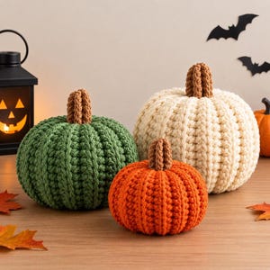 Crochet Pumpkin Pattern PDF, Amigurumi Trio in 3 Sizes | Ribbed Fall Decor